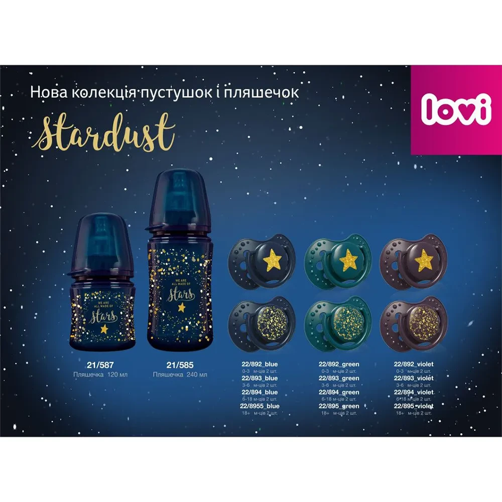 Набор пустышек LOVI 18+ м 2 шт Stardust Blue (22/895_blue) Форма анатомическая 