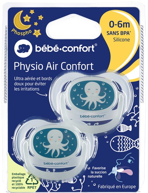 Пустушка Bebe Confort Physio Air Dummy Phospho 0-6 місяців 2 шт Bblue Octopus (3104201940) Форма анатомічна