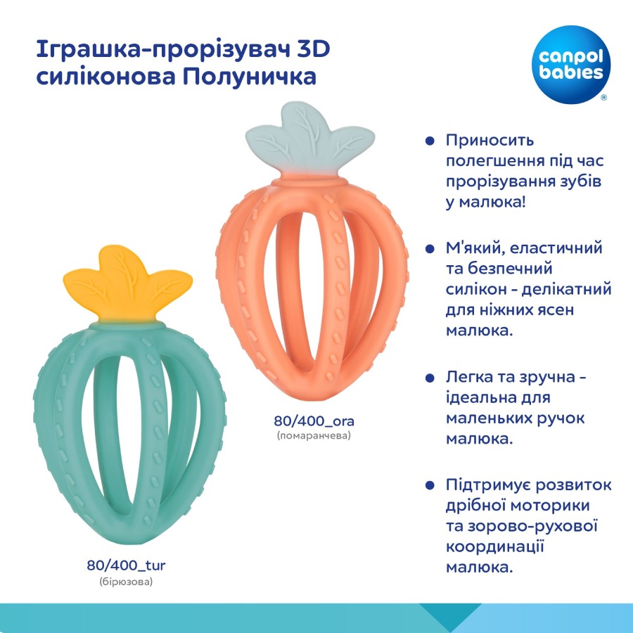 Прорезыватель CANPOL BABIES 3D Клубничка бирюзовая (80/400_tur) Развивающие игрушки, центры, кресла прорезыватель/грызун