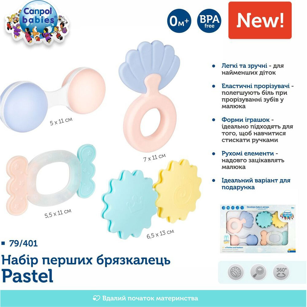 Набір брязкальця CANPOL BABIES Pastel (79/401) Особливості звукові ефекти