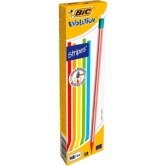

Набор карандашей чернографитных шестигранных BIC Evolution Stripes HB с ластиком 12 шт (3086123278189), ОЛІВЕЦЬ ЕВОЛ СТР ГУМ 646 УП12