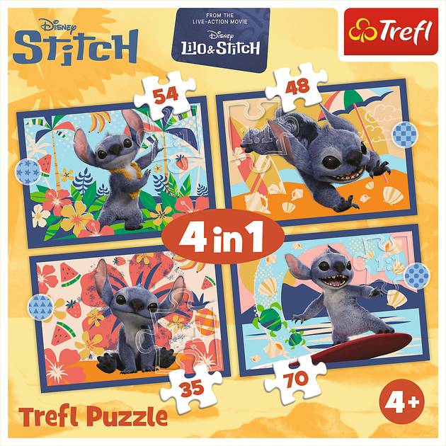 Зовнішній вигляд Пазл TREFL 4in1 Disney Stitch The Movie Відпочинок на Гаваях 35+48+54+70 елементів (5900511346664)