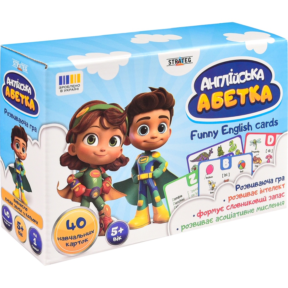 Настольная игра Strateg Английский азбука (31034) Дополнительно двусторонние карты с буквами, днями недели и цветами; наличие транскрипции и перевода; яркие иллюстрации