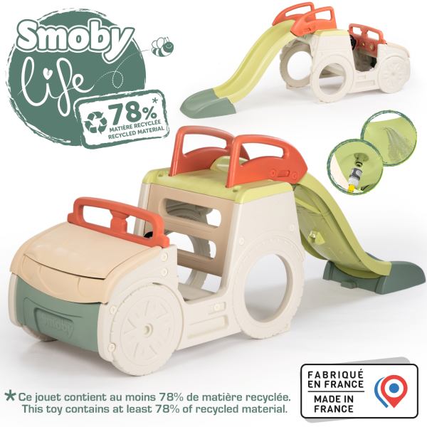 Игровой комплекс SMOBY Life Adventure Car Автомобиль путешественника с горкой и песочницей (7600840207) Дополнительно руль оснащен звуковым сигналом и вращающимся ключом для реалистичного вождения; горка длинной 150 см; можно присоединить подачу воды и создать водное развлечение
