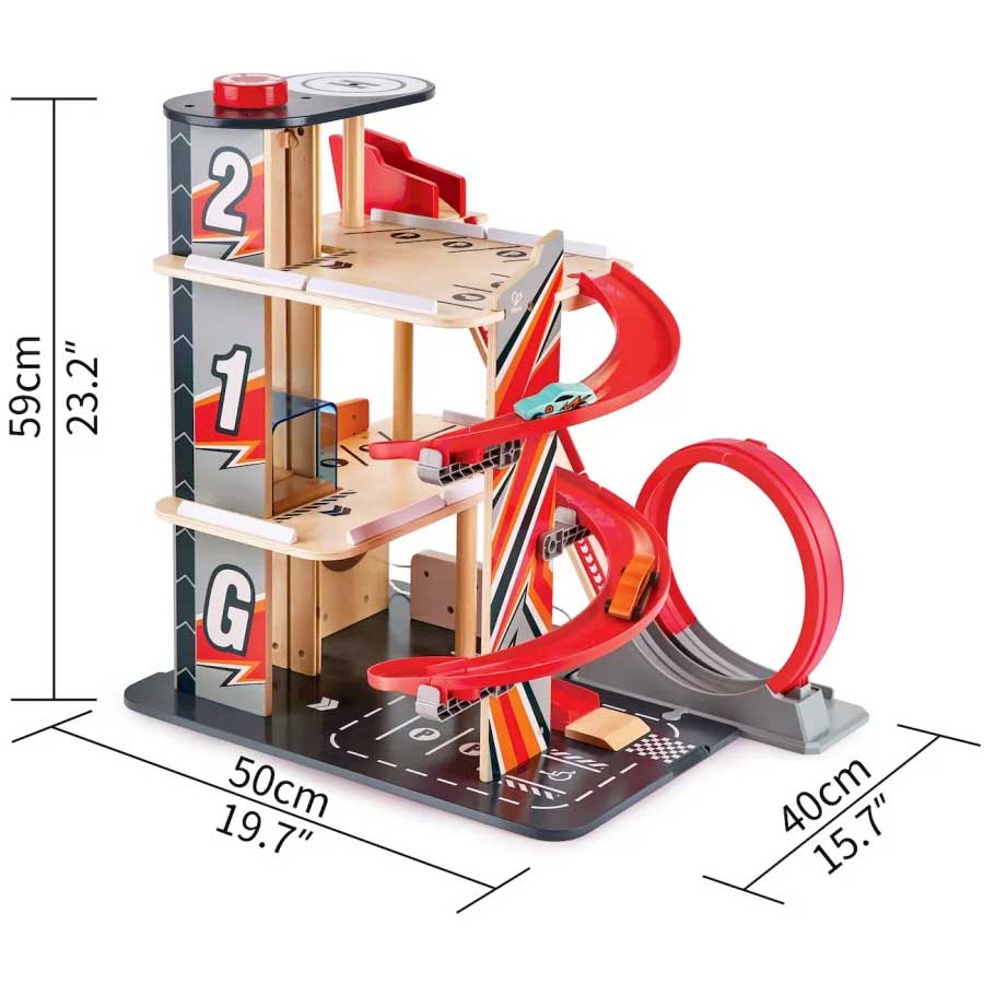 Покупка Ігровий набір HAPE Паркінг дерев'яний з треками, ліфтом та вертолітним майданчиком (E3019A)