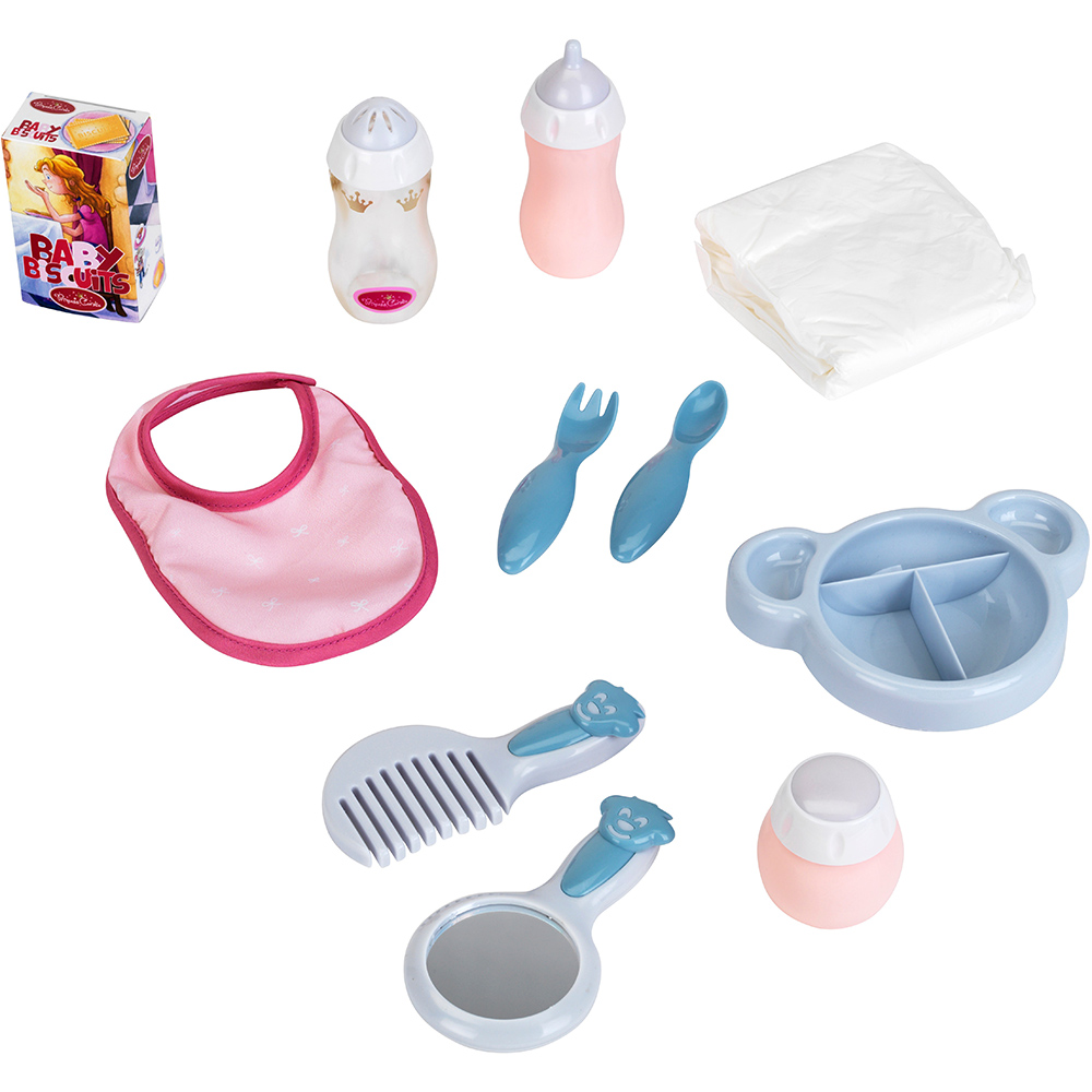 Набор для кормления и уходом за куклой KLEIN Baby Coralie (1732) Комплектация  вилка; ложка; подгузник; нагрудник; зеркальце; расческа; бутылочка; миска; баночка для крема; баночка для присыпки; детское печенье