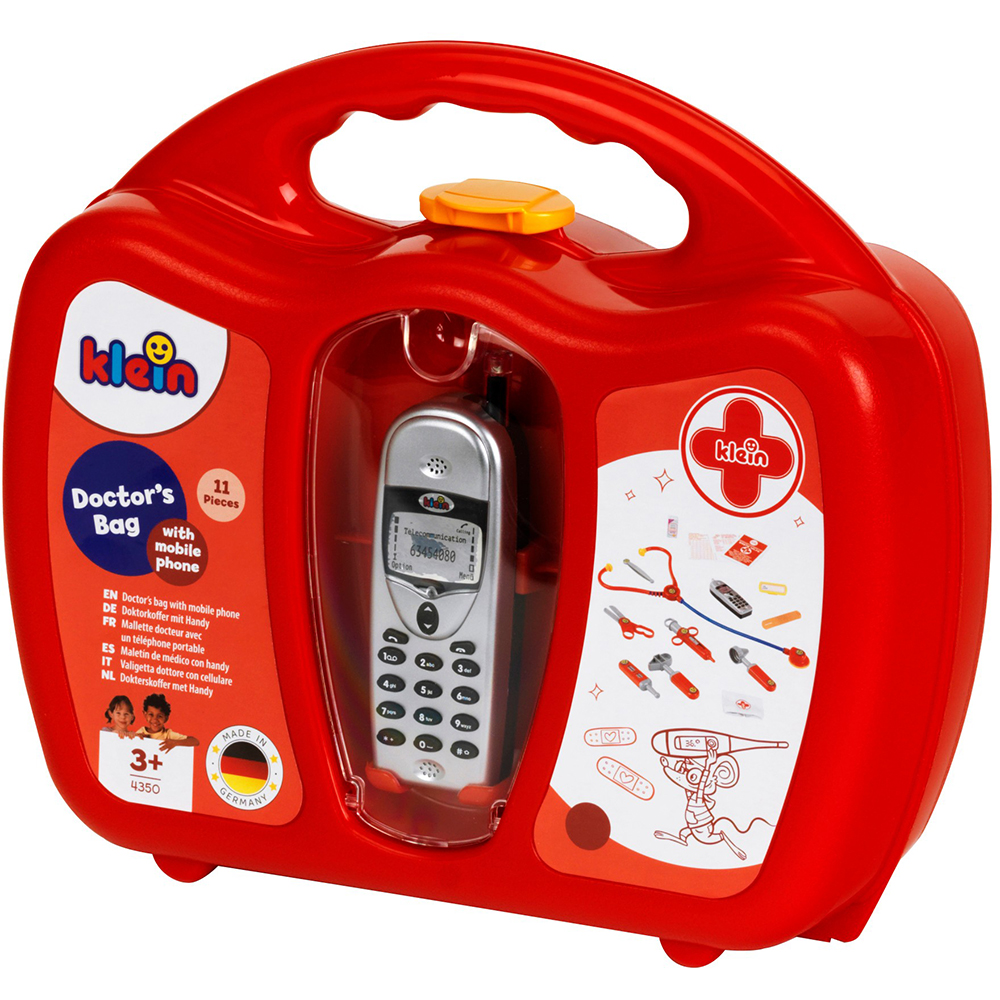 Игровой набор врача KLEIN С мобильным телефоном (4350) Дополнительно мобильный телефон со звуковыми эффектами; удобный кейс с ручкой и закруглёнными углами; безопасные медицинские аксессуары для ролевой игры; способствует развитию моторики и социальных навыков; питание 2xR03-AAA