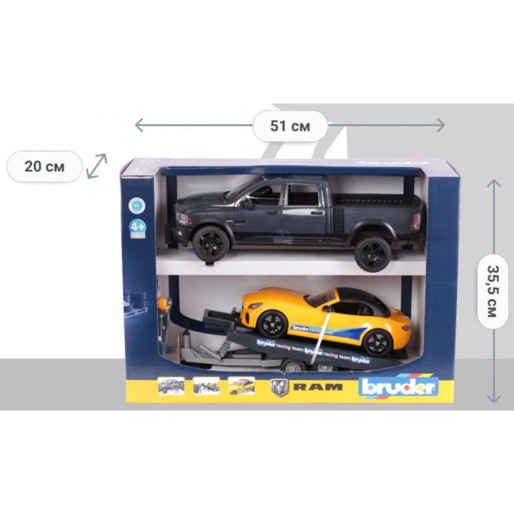 Машинка BRUDER Джип Dodge RAM 2500 с прицепом-эвакуатором и родстером (02504) Возраст от 3 лет