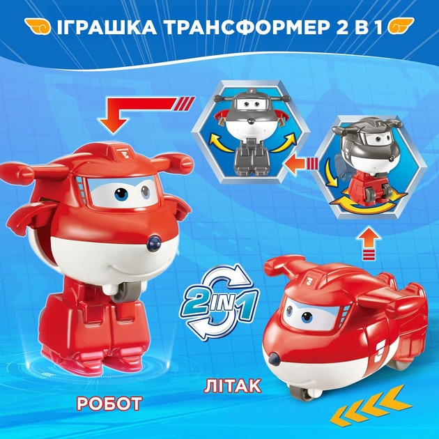 Игрушка-трансформер SUPER WINGS Transform-a-Bots Джетт (EU780010) Вид игрушечной машины самолет
