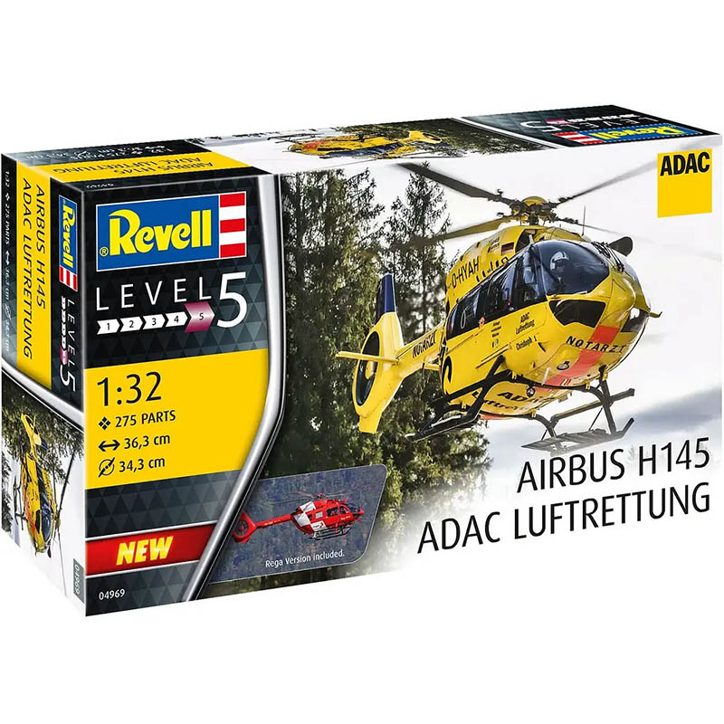 Збірна модель-копія REVELL Вертоліт Airbus H145 ADAC Рятувальна служба рівень 5 1:32 (RVL-04969) Вид іграшкової машини гвинтокрил