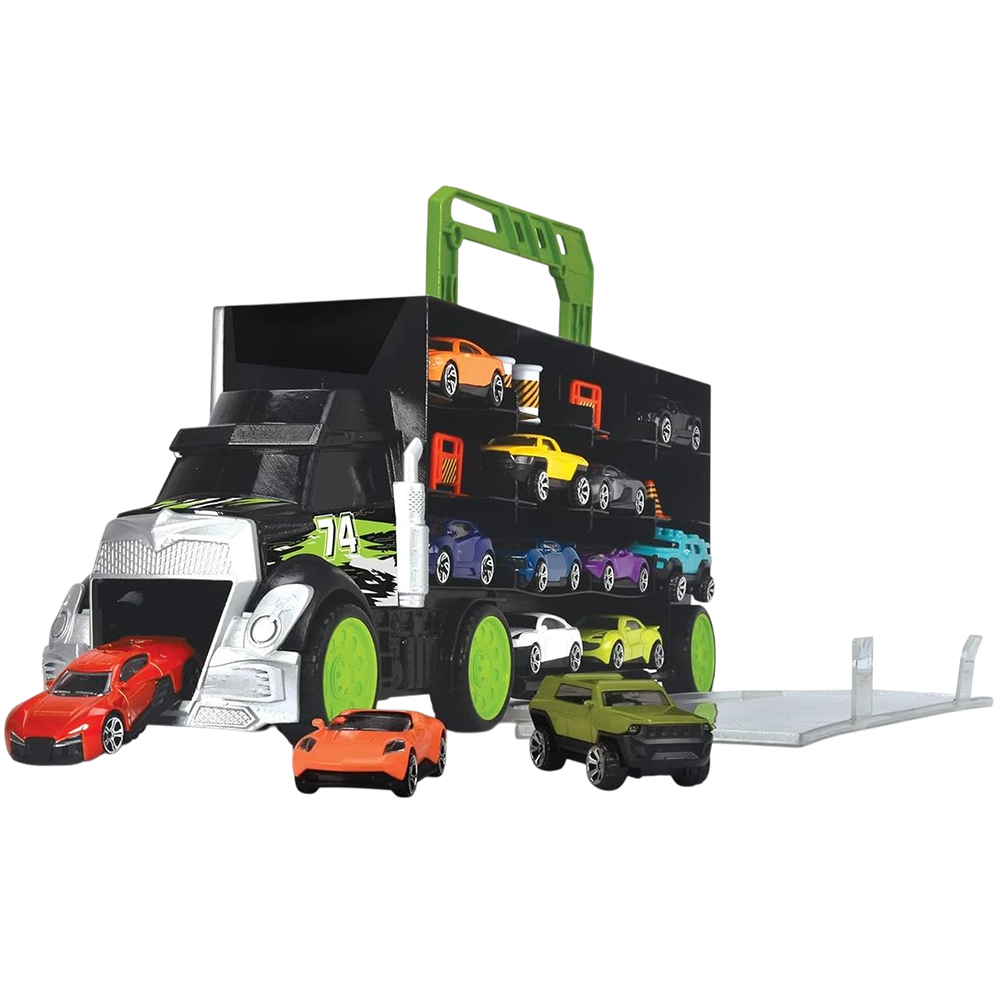 Ігровий набір DICKIE TOYS Трейлер перевізник авто 4 машинки з аксесуарами 43 см (3747007) Вид іграшкової машини автомобіль