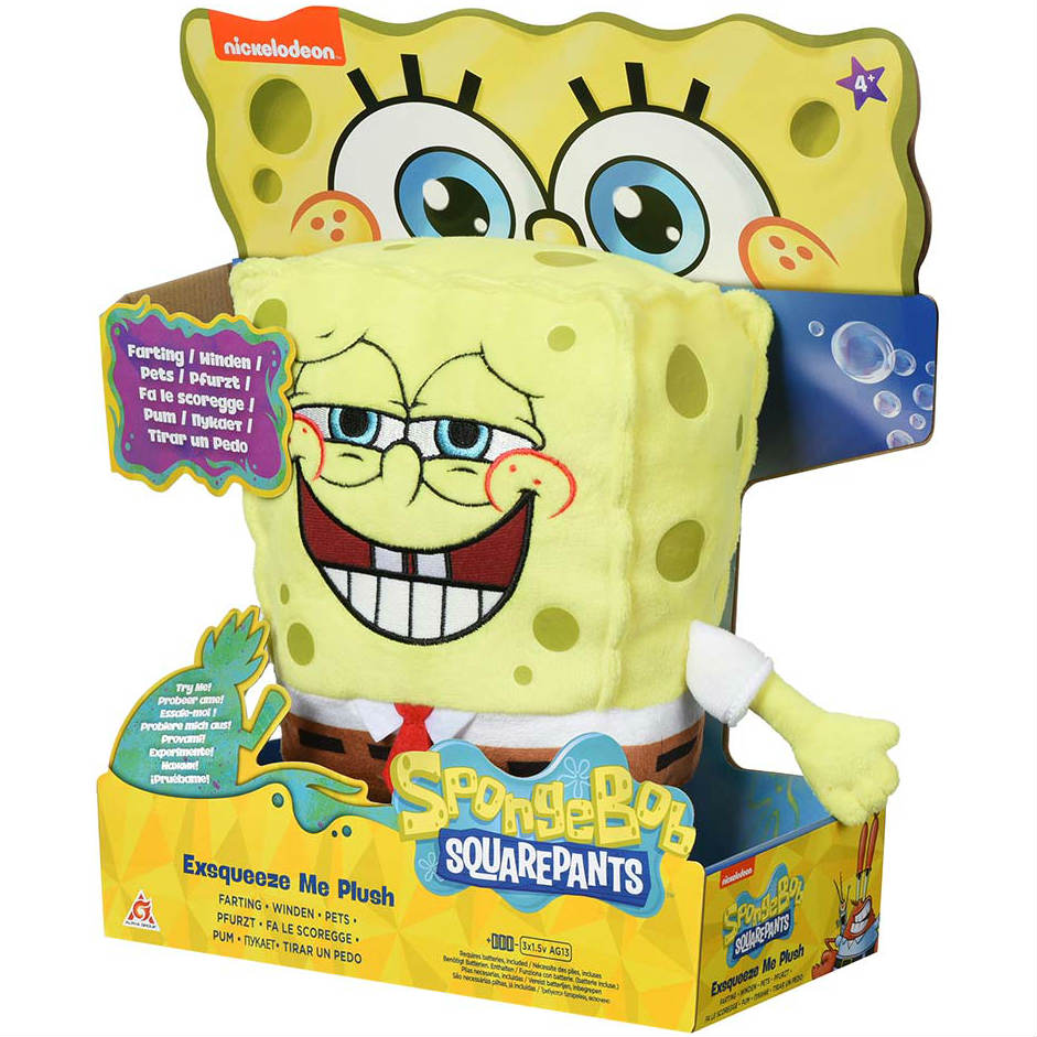 М'яка іграшка SPONGE BOB Exsqueeze Me Plush SpongeBob Fart зі звуком (EU690902) Ефекти звук