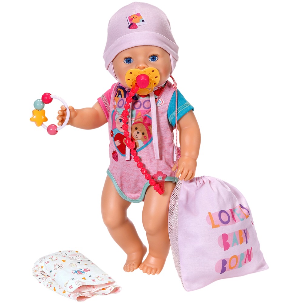 Набір аксесуарів BABY BORN Pinplay Перші важливі моменти (837979) Комплектація  пляшечка для годування, шапочка, підгузник, слюнявчик, брязкальце, пустушка з ниткою, сумочка