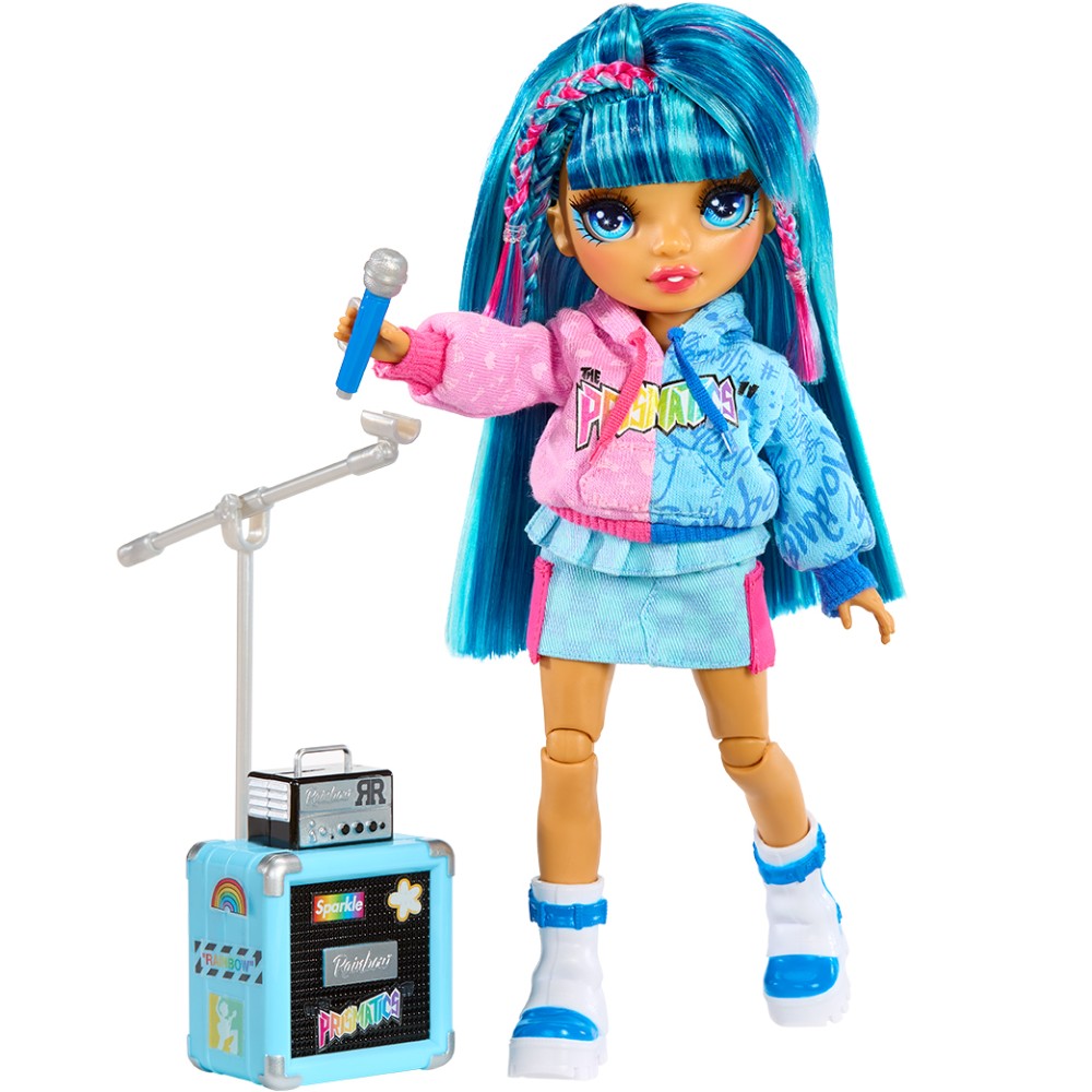 Лялька RAINBOW HIGH Junior High Rockband Скайлер (565215) Комплектація  1 лялька, 1 худи, 1 спідниця, 1 пара взуття, 1 мікрофонна стійка, 1 іграшковий мікрофон, 1 іграшковий підсилювач, 1 лист з наклейками, 1 гребінець