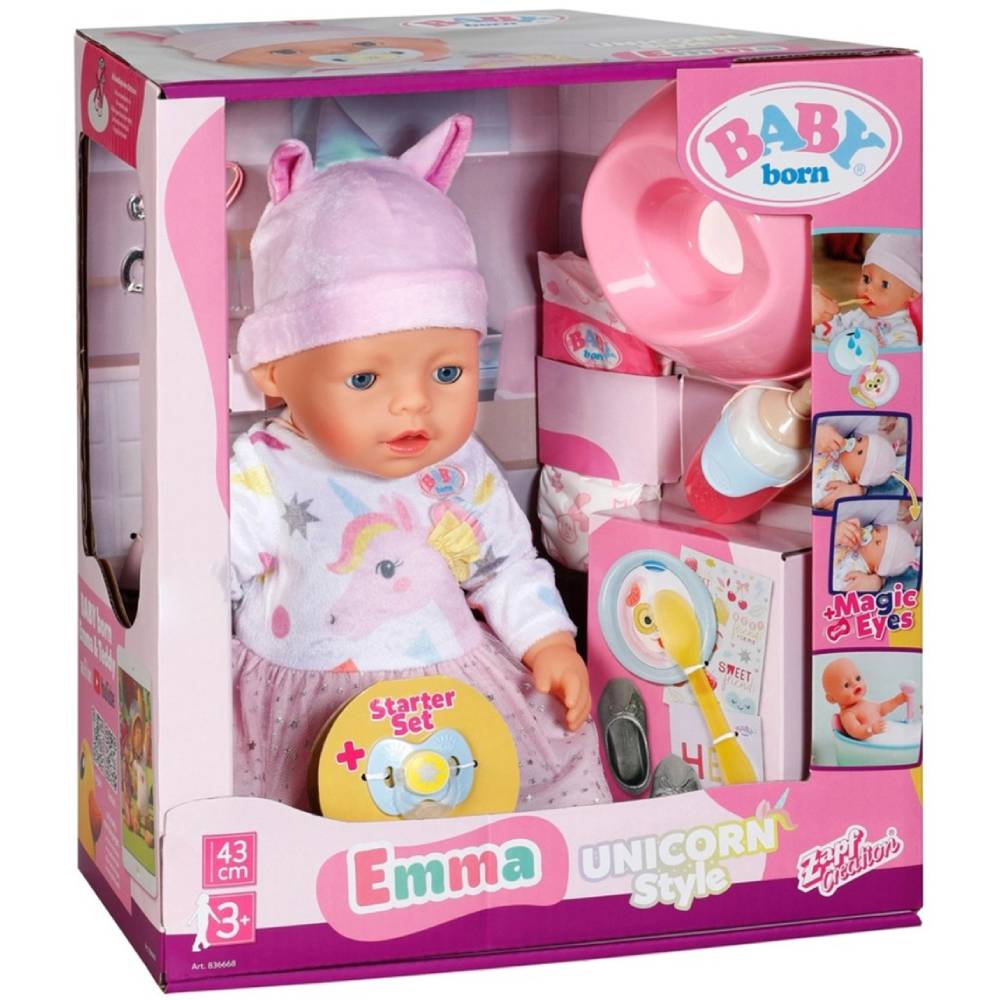 Лялька Baby Born Емма-Єдиноріг 43 см (836668) Комплектація  Лялька 43 см, комплект одягу, пляшечка, пустушка, підгузка, тарілка, ложка, горщик, браслет дружби для дівчинки та ляльки, дитячий альбом з наклейками, інструкція.