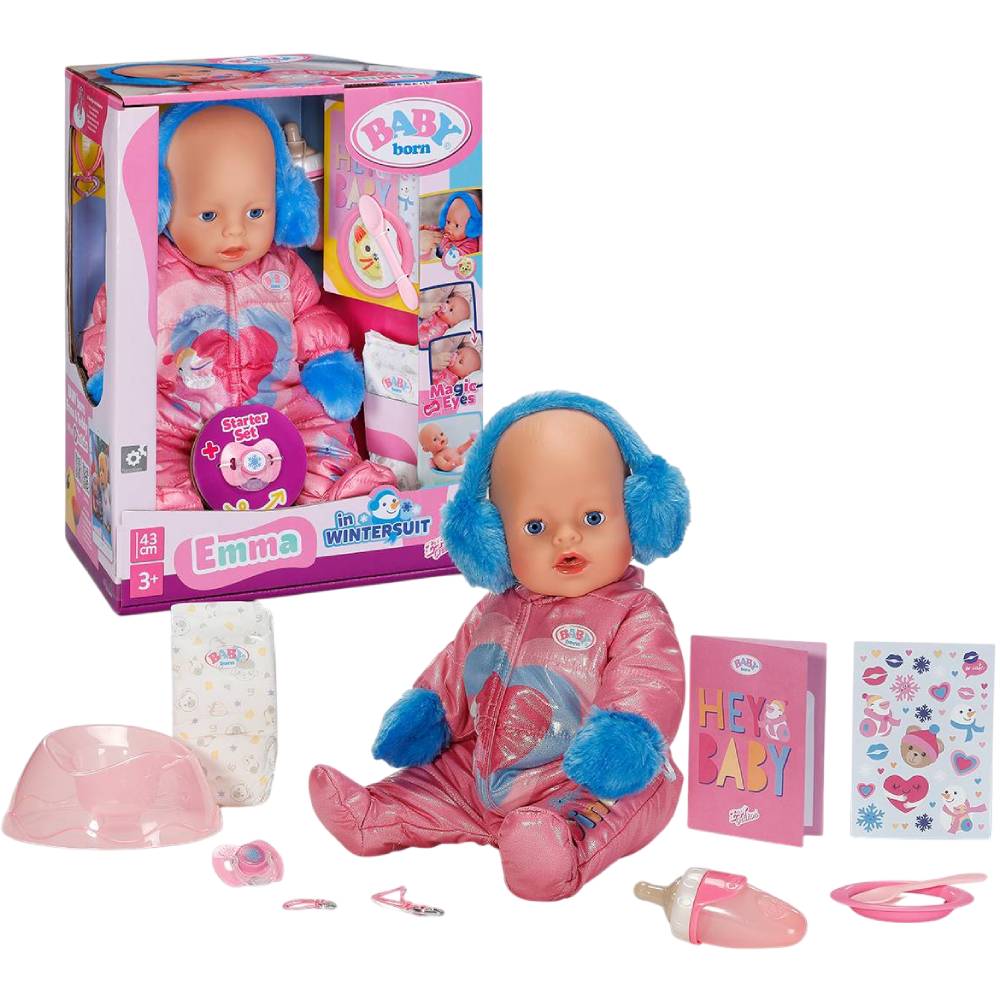Кукла Baby Born Зимняя красавица Эмма 43 см (838907) Комплектация  Кукла 43 см, комплект одежды, наушники, перчатки, бутылочка, пустышка, подгузник, тарелка, ложка, горшок, браслет дружбы для девочки и куклы, детский альбом с наклейками, инструкция.