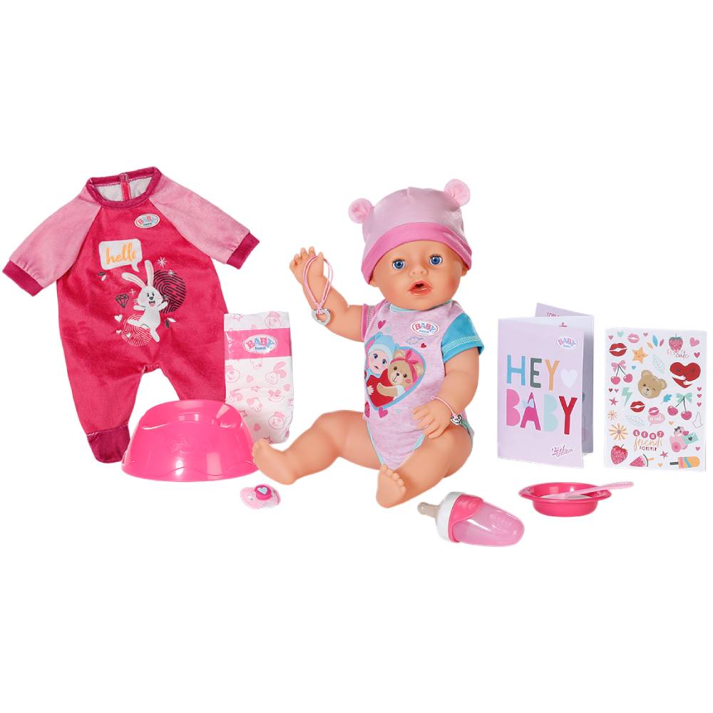 Кукла Baby Born Милая Эмма с комбинезончиком 43 см (840504) Дополнительно Функции: ест, пьёт из бутылочки, плачет настоящими слезами, с Эммой можно купаться, подвижные ручки и ножки, ходит на горшок, открывает и закрывает глаза.