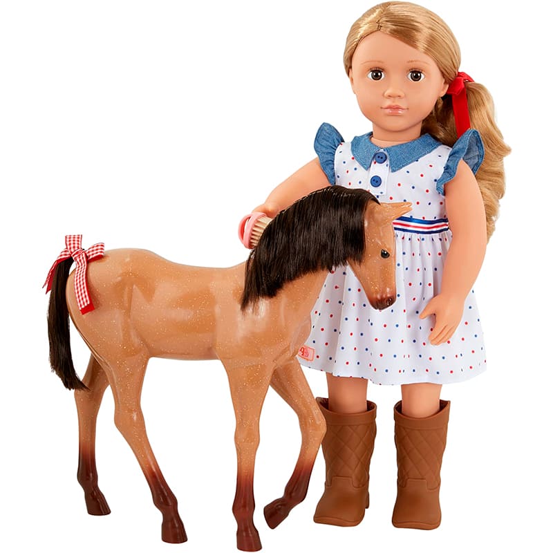 Кукла OUR GENERATION Шелли с жеребенком Аппалуза и аксессуарами 46 см (BD31447Z) Комплектация  Бутылочка, нижнее белье, пара сапог, 2 бантика для волос, щеточка, платье, жеребенок, пучок моркови