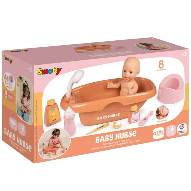 Игровой набор SMOBY Игрушечная ванна Беби Ньорс 42 см (7600220383) Дополнительно оснащена электронным модулем с двумя интерактивными функциями; световые эффекты; подача воды через воронку