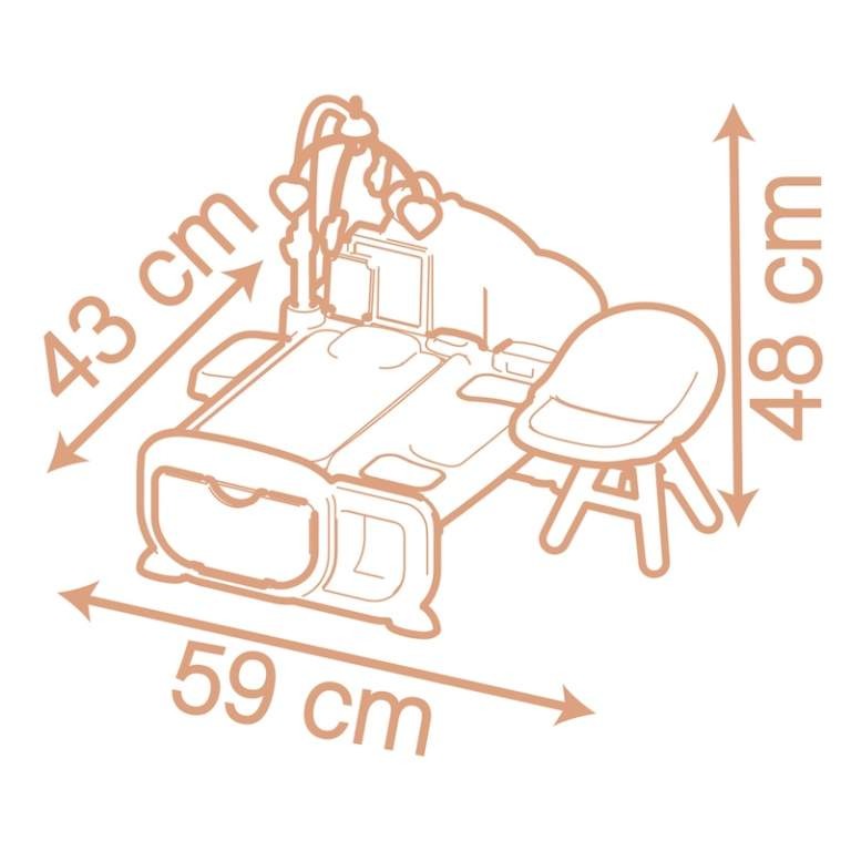 Игровой набор SMOBY Беби Ньорс Детская комната (7600220393) Комплектация  аксессуары: бутылочка, тарелка, подгузник, дозатор для мыла с функцией насоса, бутылочка для молока, баночка для детского питания, зубная щетка, термометр, тарелка с магической ложкой, свидетельство о рождении и упаковка с пластырями.