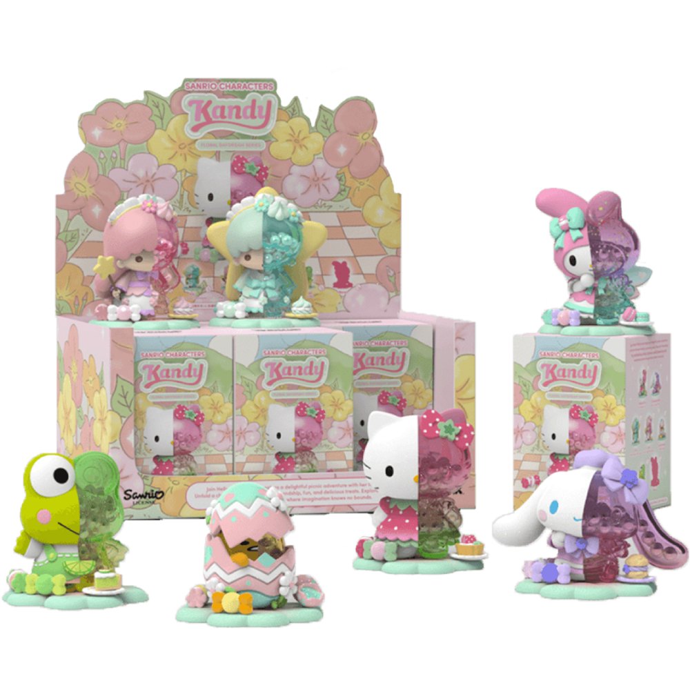 Фігурка-сюрприз MIGHTY JAXX Kandy Sanrio Квітковий сновидіння (BB24SRMJ00101) Додатково Є можливість зібрати 7 Хеллоу Кітті: Сінаморол, Гудетама, Хеллоу Кітті (полуничний тарт), Кероппі, Кікі, Лала, Май Мелоді (рідкісна). Комплектація: 1 фігурка-сюрприз, аксесуари, підставка, картка героя.