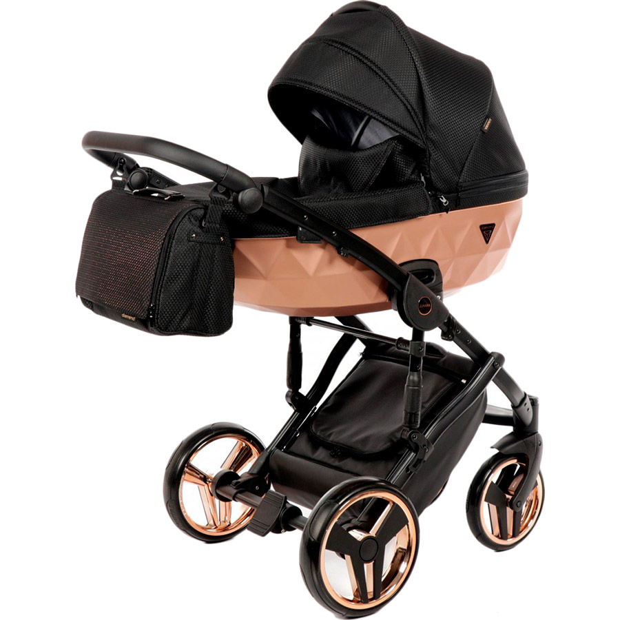 

Детская коляска JUNAMA Diamond Mirror 2 в 1 02 Satin Black/Bronze (J-MS-02), Унів.коляска 2в1 Mirror 02 Satin чорна з рожевим