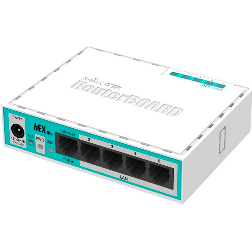 Маршрутизатор MIKROTIK hEX lite 5xFE RouterOS L4 (RB750r2) Додатково процесор: QCA9533, номінальна частота процесора: 850 Мгц, кількість ядер процесора: 1, об'єм оперативної пам'яті: 64 MB, розмір сховища даних: 16 МВ