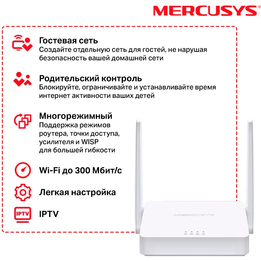 Wi-Fi роутер MERCUSYS MW302R N300 (MW302R) Стандарт Wi-Fi 802.11 b