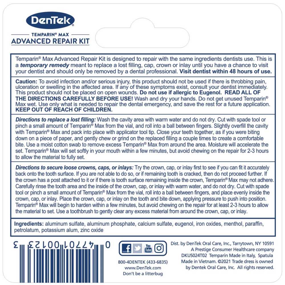 Набір DENTEK Temparin MAX Для відновлення пломб коронок або вкладок, що випали (2.0019) Тип набір