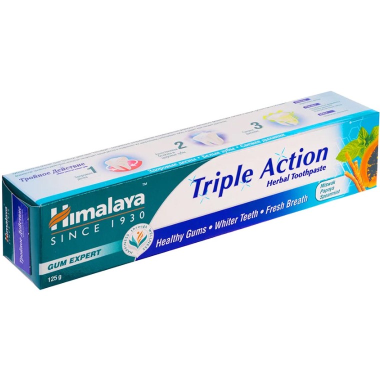 Зубная паста HIMALAYA HERBALS Triple Action 125 мл (6291107225739) Дополнительно Формула тройного действия – защита от кариеса, уход за деснами и свежее дыхание; натуральные компоненты: нем, гранат и мисвак; уменьшает воспаление и кровоточивость десен; удаляет налёт и укрепляет эмаль; без фтора и парабенов