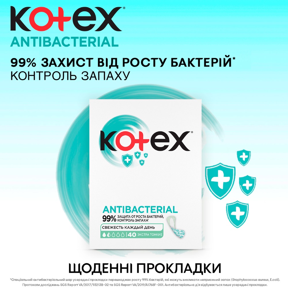 Ежедневные прокладки KOTEX Antibac Extra Thin 40 шт (5029053549149) Класс общий