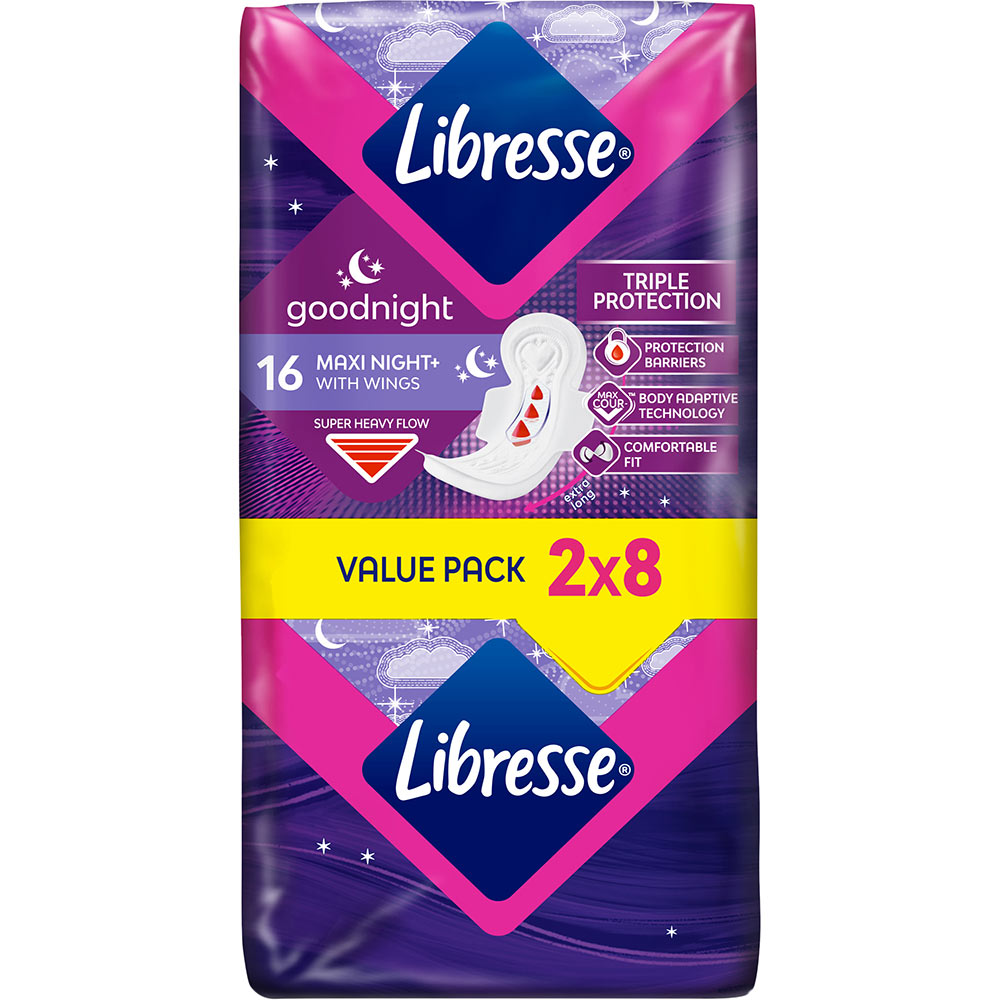 Прокладки гигиенические Libresse Maxi Goodnight 16 шт (7322541311708) Особенности 6 капель, с крылышками