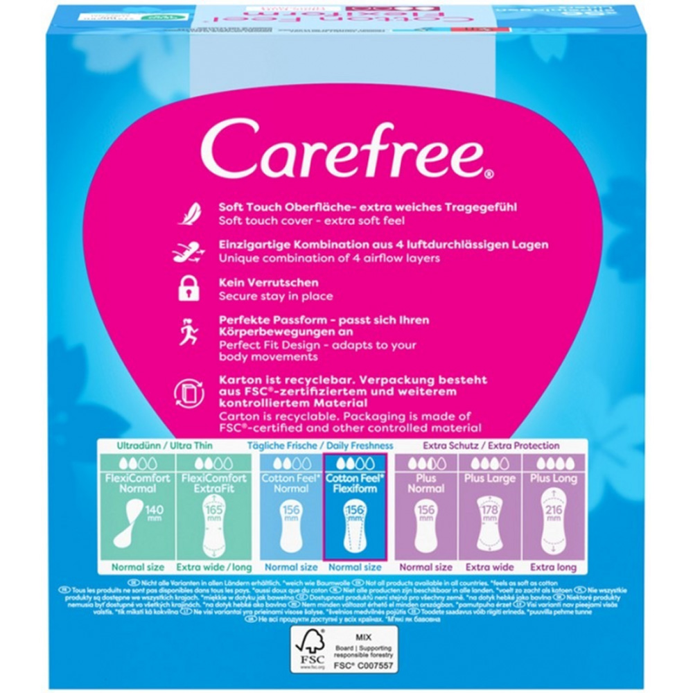 Ежедневные гигиенические прокладки CAREFREE Cotton Feel Flexiform 56шт (3574661482194) Ежедневные гигиенические прокладки CAREFREE Cotton Feel Flexiform 56шт (3574661482194) Вид прокладки