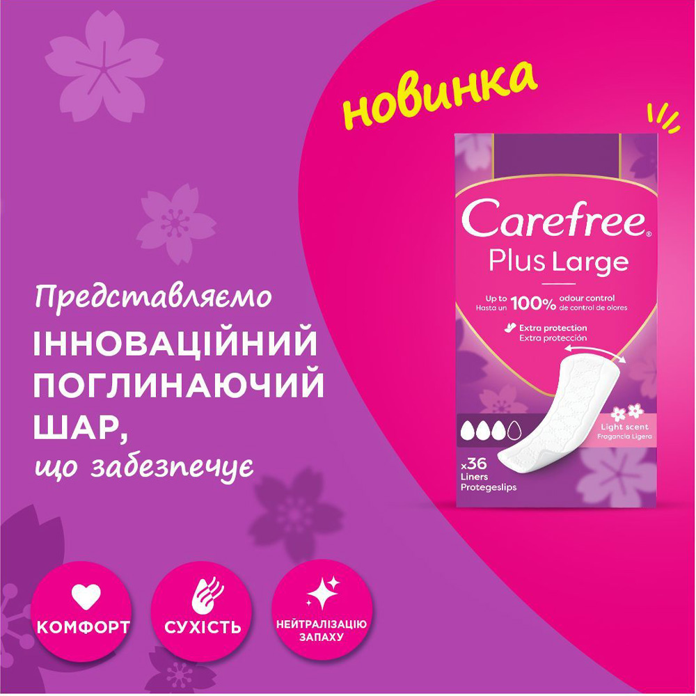 Ежедневные гигиенические прокладки CAREFREE Plus Large 36шт (3574661604787/3574661487540) Внешний вид Ежедневные гигиенические прокладки CAREFREE Plus Large 36шт (3574661604787/3574661487540)