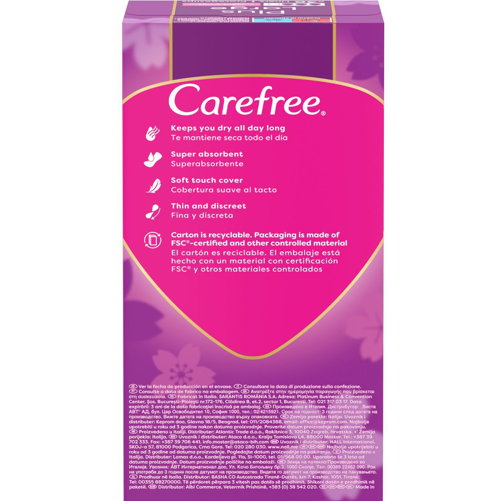 Ежедневные гигиенические прокладки CAREFREE Plus Large 36шт (3574661604787/3574661487540) Ежедневные гигиенические прокладки CAREFREE Plus Large 36шт (3574661604787/3574661487540) Особенности поглощение 3 капли, форма без крылышек, без ароматизации, количество в упаковке 36 шт, дневные