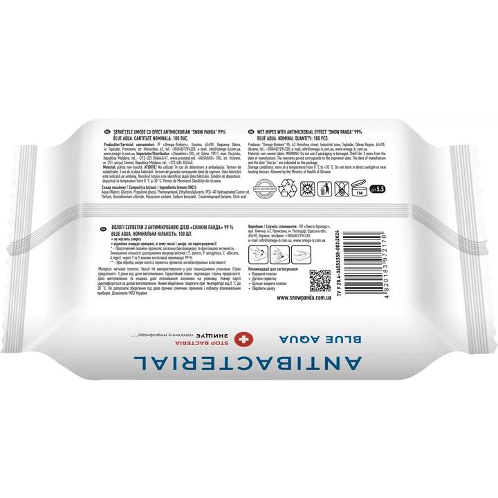 Вологі серветки Сніжна Панда Blue Aqua 99% Antibacterial 100шт (4820183972170) Вид вологі серветки