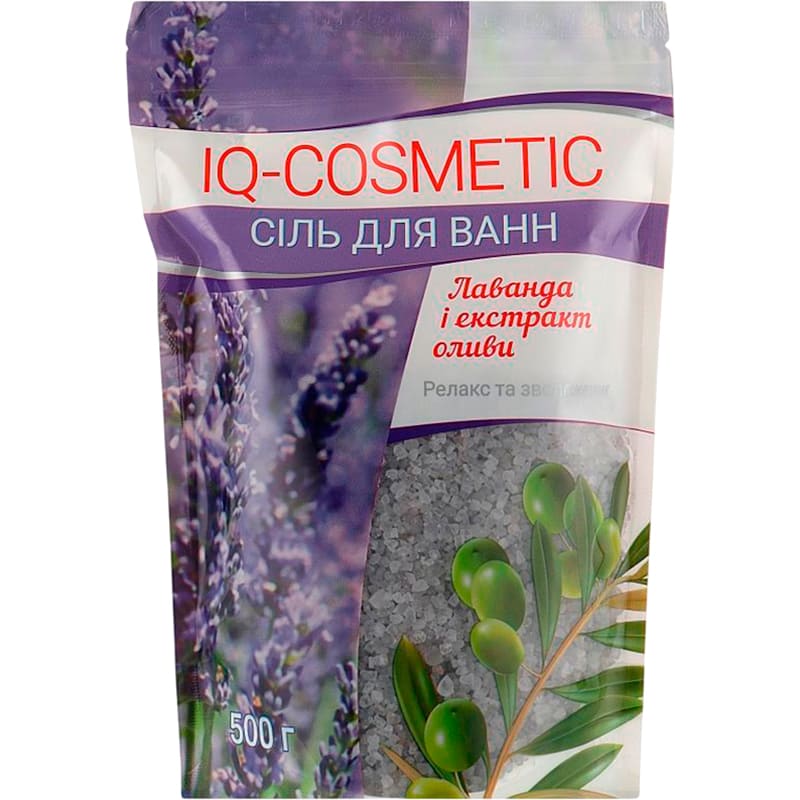 Сіль для ванни IQ-COSMETIC Лаванда та екстракт оливи 500 г (4820049382525)