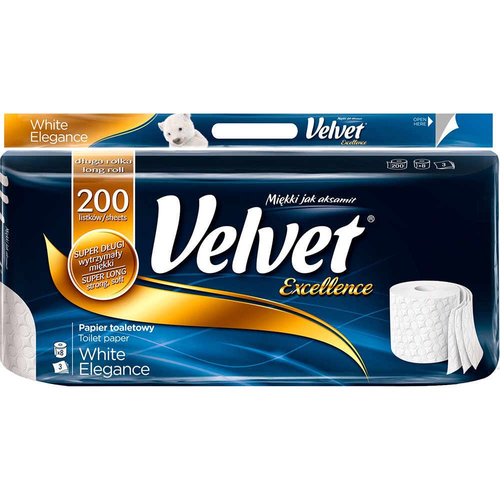 

Туалетная бумага Velvet Excellence White 3 слоя 8 рулонов 200 отрывов (5901478995490), Туалетний папір Екселент Біла бавовна 3 шари 8р