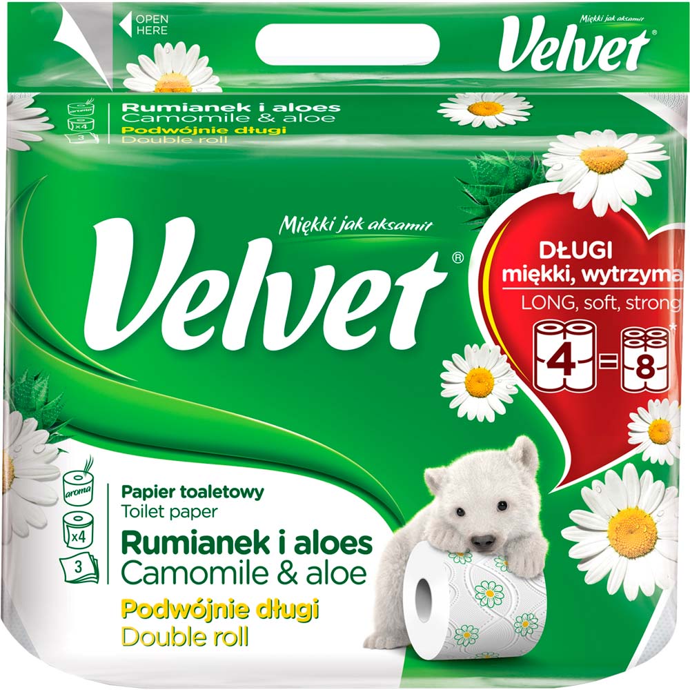 

Туалетная бумага Velvet Ромашка и алоэ 4 шт (5901478999153), Туалетний папір Ромашка та алоє 3 шари 4р 300 відр