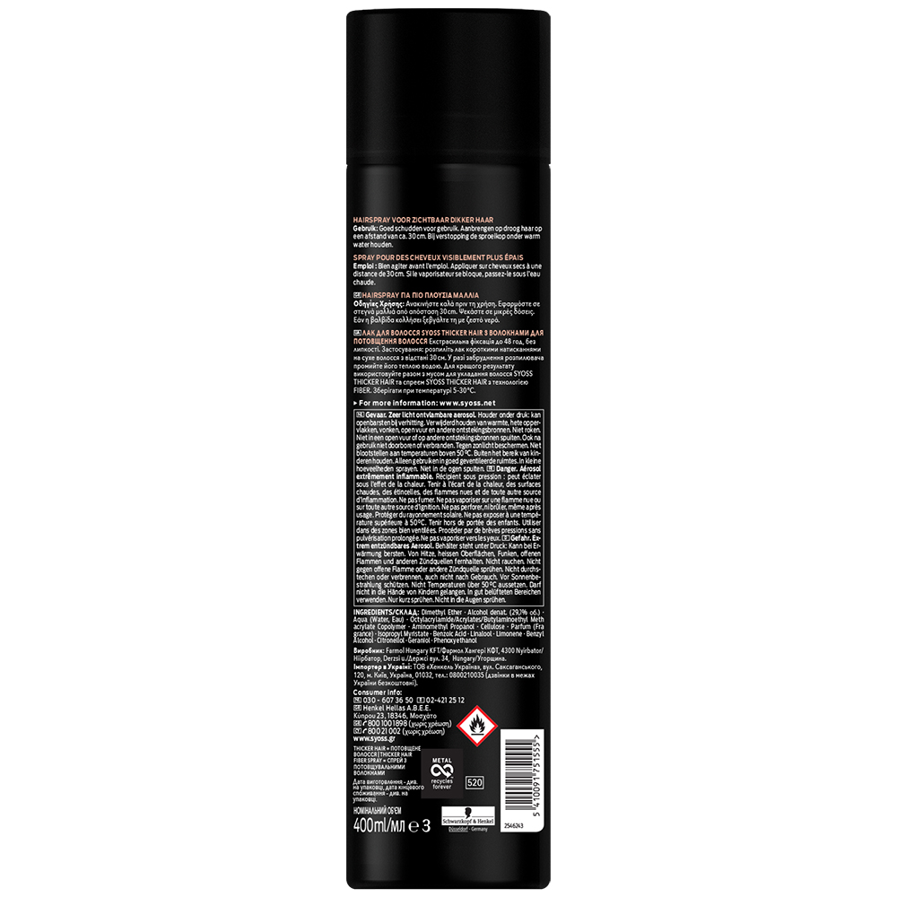 Лак для волос SYOSS Thicker hair 4 400мл (2498135) Состав Dimethyl Ether, Alcohol denat. (21,9% об.), Aqua (Water, Eau), Castor Oil/IPDI Copolymer, Ethylhexyl Acrylate/Methyl Methacrylate Copolymer, Silica Dimethyl Silylate, Polyvinyl Acetate, PEG-32, Cellulose, Hydroxypropyl Methylcellulose, Parfum (Fragrance)