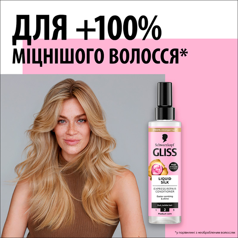 Експрес-кондиціонер Gliss Kur Liquid Silk 200 мл (9000100256087) Склад Aqua (Water, Eau); Trisiloxane; Dimethicone; Prunus Armeniaca (Apricot) Kernel Oil; Phenyl Trimethicone; Glycosphingolipids; Hydrolyzed Silk; Sericin; Hydrolyzed Keratin; Dimethiconol; Polyquaternium-16; Cetyl PEG/PPG-10/1 Dimethicone; Parfum (Fragrance)