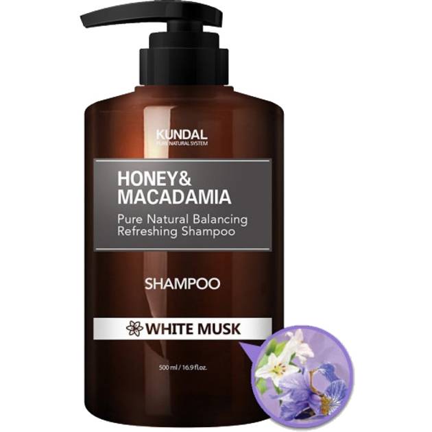 Шампунь KUNDAL Honey&Macadamia White Musk 500 мл (8809568740470) Склад Екстракт меду, екстракт чорниці, екстракт суниці, екстракт шовковиці, екстракт ожини, екстракт рису, екстракт лотоса, екстракт троянди, екстракт камелії, екстракт лаванди, екстракт меліси, екстракт ромашки, екстракт центели азіатської.