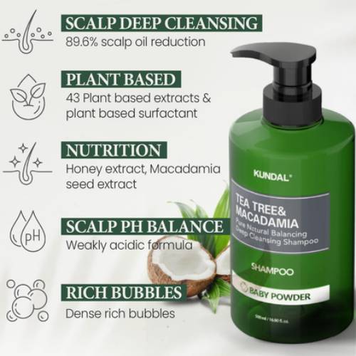 Шампунь KUNDAL Tea Tree&Macadamia Deep Cleansing Shampoo Baby Powder 500 мл (8809693252787) Состав Экстракты: чайного дерева, меда, лаванды, мелиссы, розмарина, центеллы азиатской, шалфея, масла: аргановое, макадамии, ши, авокадо, кокосовое, жожоба, ментол, аргинин.