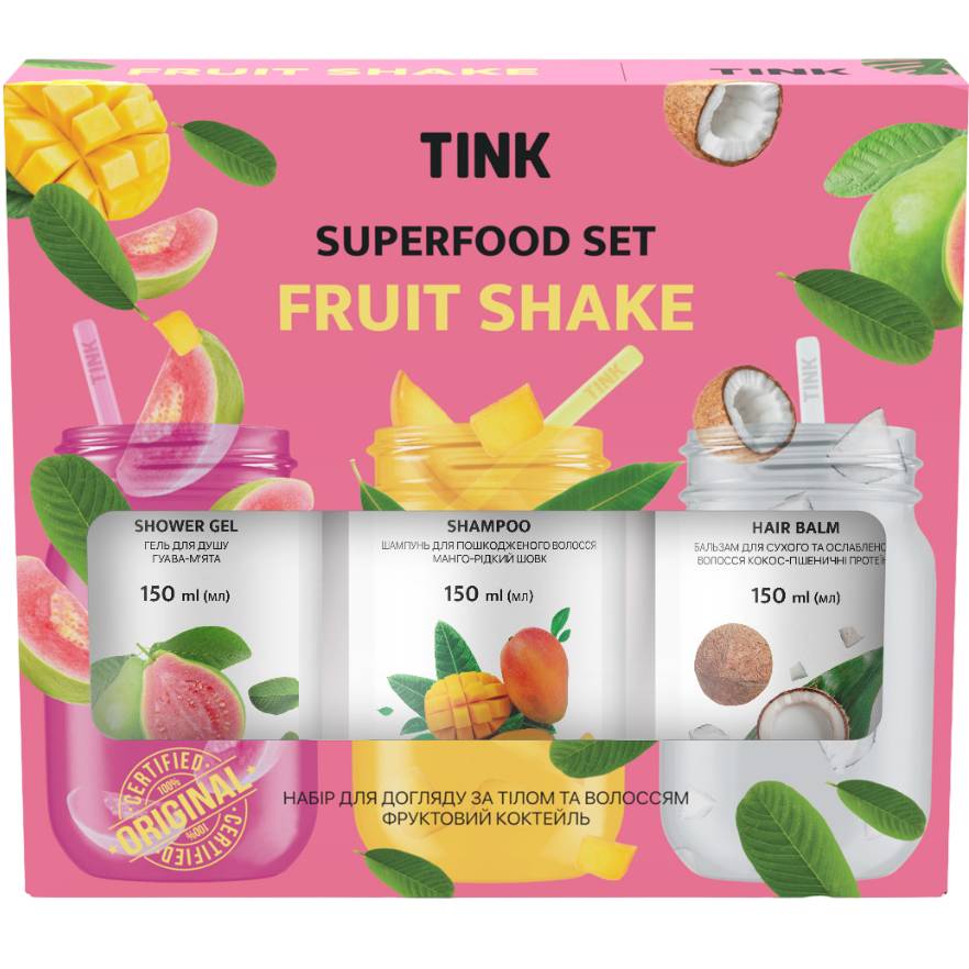 Подарочный набор TINK Superfood Set Fruit Shake Tink (289327) Состав Aqua, Sodium Laureth Sulfate, Cocamide DEA, Cocamidоpropyl Betaine, Sodium Сhloride, PEG-7 Glyceryl Cocoate, Glycerin, Psidium Guajava (Guava) Extract, Mentha Piperita (Peppermint) Essential Oil, Parfum, Citric Acid, Methylclorisothiazolinone, Methylisoth