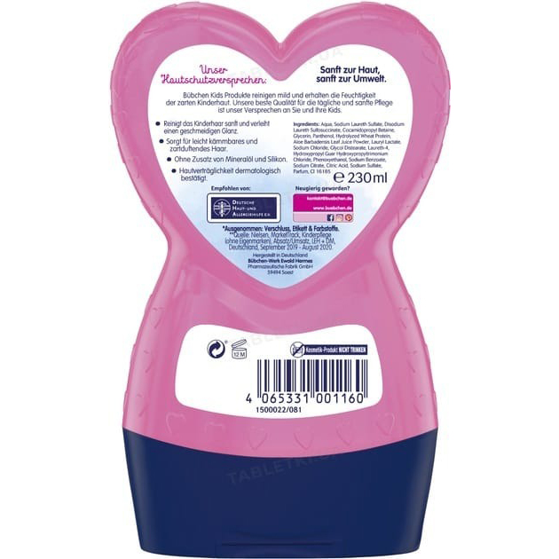 Шампунь-ополіскувач BUBCHEN Принцеса Розалея 230 мл (4065331004666) Склад Aqua, Sodium Laureth Sulfate, Cocamidopropyl Betaine, Disodium Laureth Sulfosuccinate, Glycerin, Glycol Distearate, Panthenol, Aloe Barbadensis Leaf Juice Powder, Hydrolyzed Wheat Protein, Heliotropine, Sodium Chloride