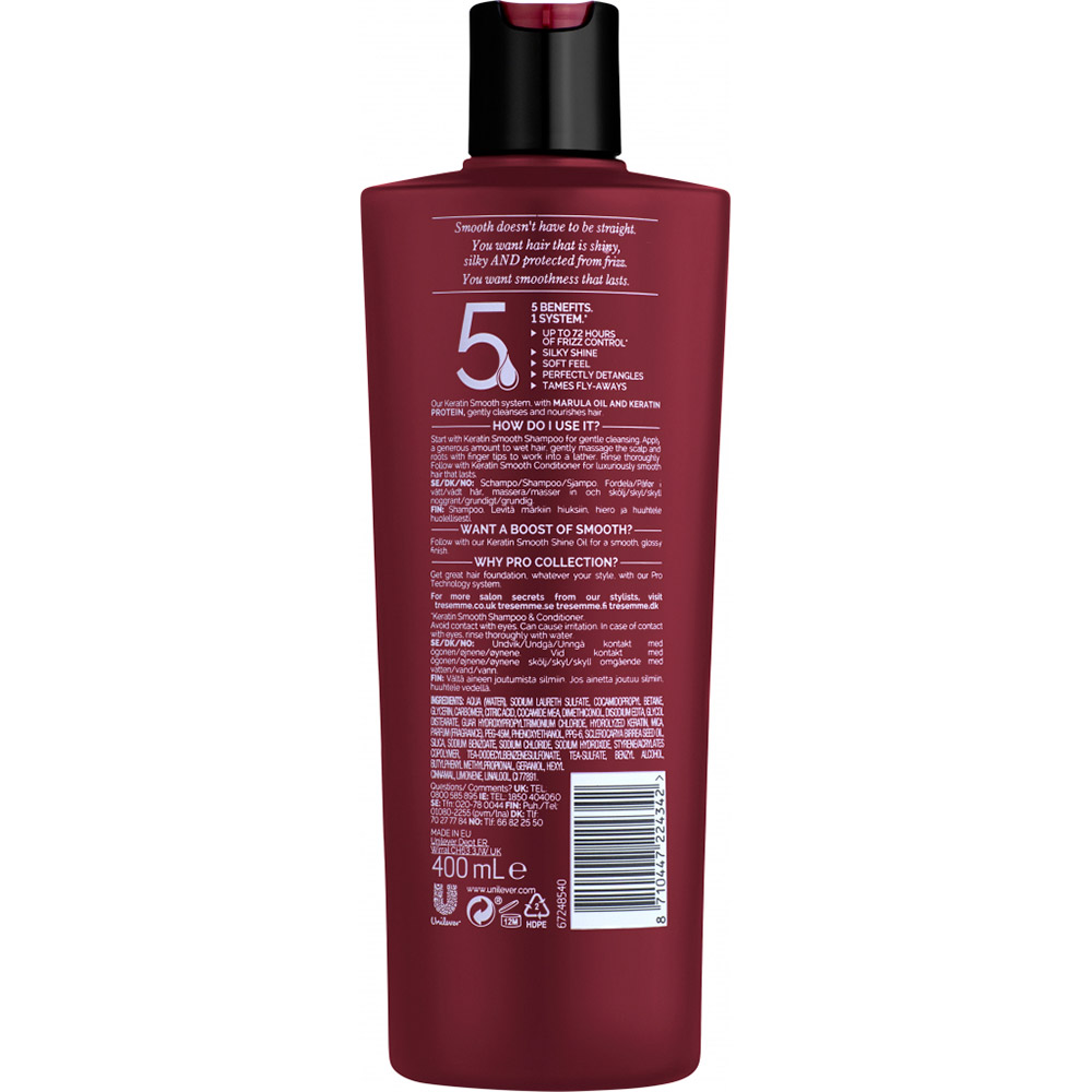 Шампунь Tresemme Keratin Smooth, що розгладжує 400 мл (8710447224342) Склад Aqua, Sodium Laureth Sulfate, Cocamidopropyl Betaine, Glycerin, Carbomer, Citric acid, Cocamide MEA, Dimethiconol, Disodium EDTA, Glycol Distearate, Guar Hydroxypropyltrimonium Chloride, Hydrolyzed Keratin, Mica, Parfum, PEG