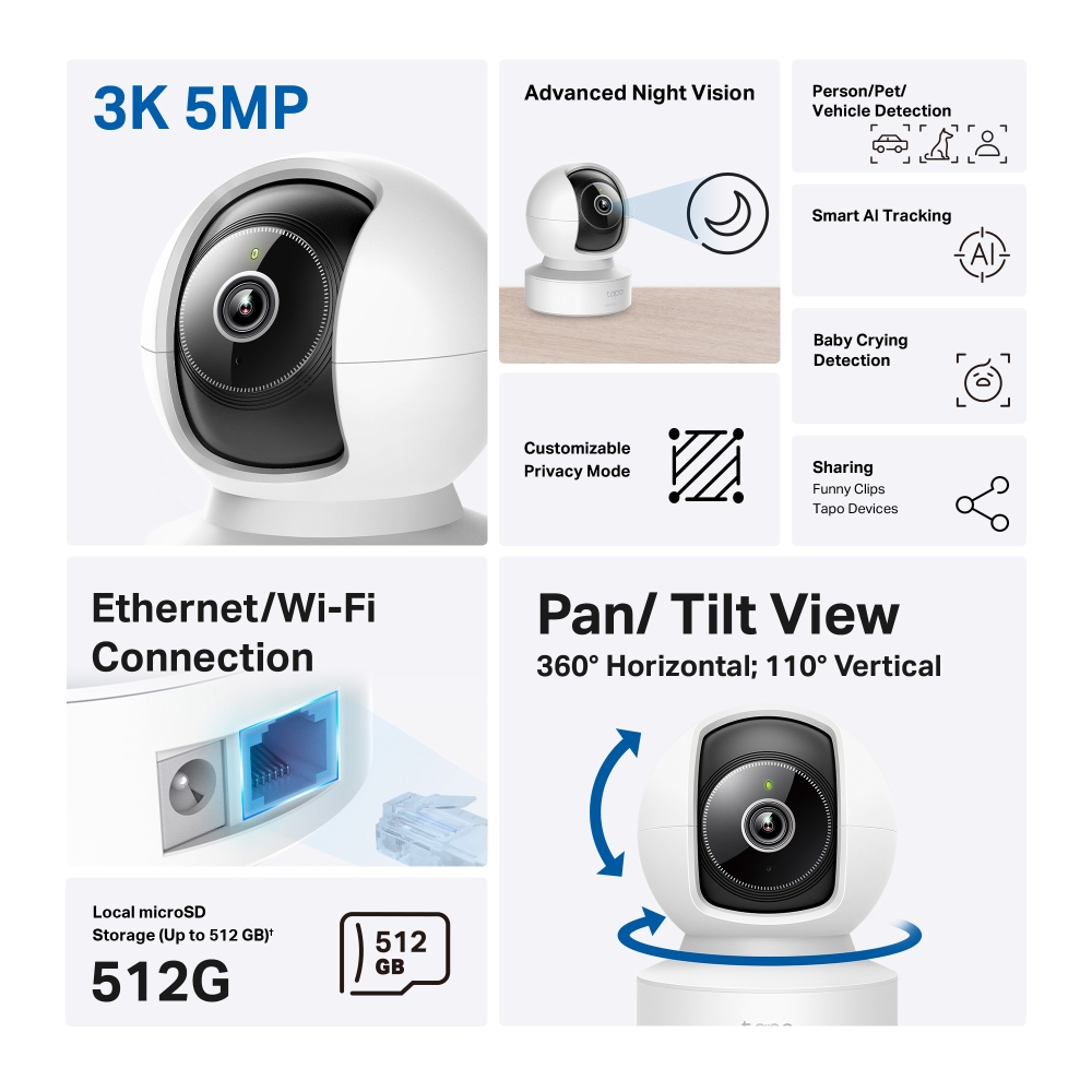 IP-камера TP-LINK Tapo C232 5MP N300 microSD motion detection. AI (TAPO-C232) Тип подключения беспроводное