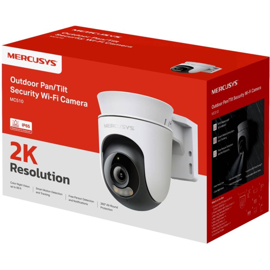 IP-камера MERCUSYS MC510 3MP N300 Дополнительно Слот для карт MicroSD; облачные хранилища MERCUSYS Camera Care (нужна подписка); с функцией панорамирования; разумное обнаружение; ночное видение; настраиваемая зона блокировки; голосовое управление: Google Assistant и Amazon Alex.