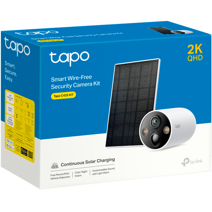 IP-камера TP-LINK TAPO C425 KIT 2K QHD с солнечной панелью Дополнительно Слот для карт MicroSD; бесперебойное питание; ночное видение с датчиком starlight; бесплатное обнаружение с помощью ИИ; литий-ионный аккумулятор: 10000 мАч; солнечная панель: Tapo A201; голосовое управление: Google Assistant, Amazon Alexa
