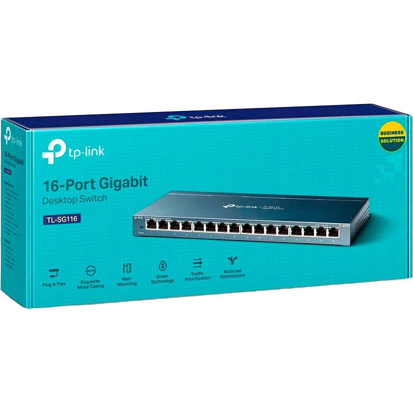 Комутатор TP-LINK TL-SG116 Порти комутатора 16 портов 10/100/1000 Мбит/с с автосогласованиес, авто-MDI / MDIX (раъёмы RJ45)